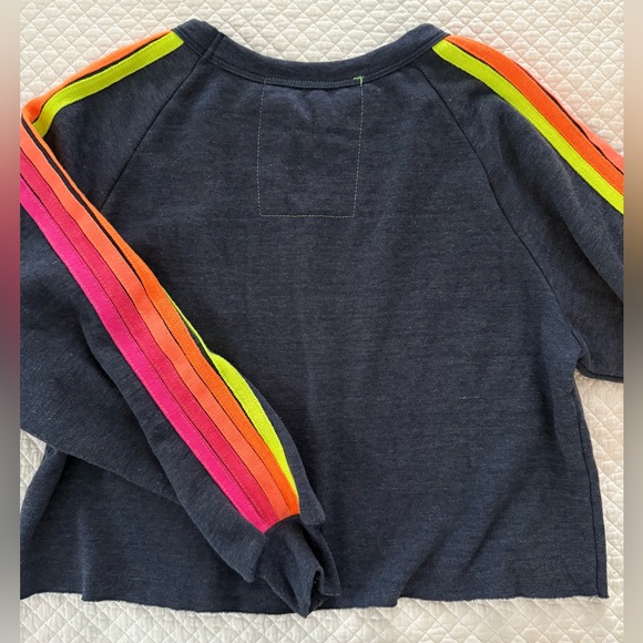 Aviator Nation Bolt Cropped Five Stripe Sweatshirt in Navy w/Neon Stripes SZ L - Picture 10 of 13